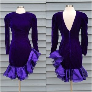 Vintage 80s Purple Velvet Velour Ruffle Latin Salsa Dancing Mini Dress Small